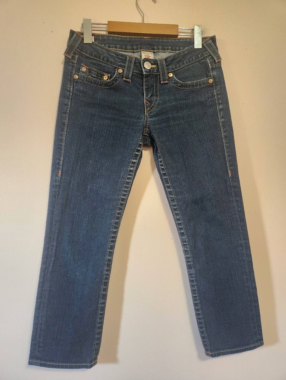 True Religion Lizzy Low Rise Cropped Jeans Y2K McBling Horseshoe Wash Size 28